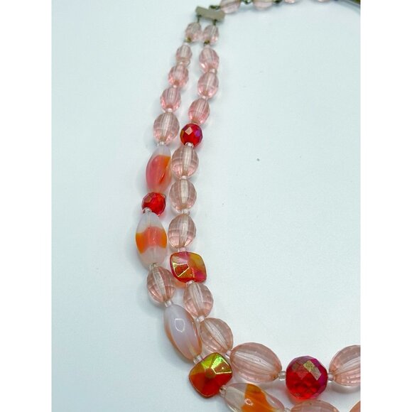 West Germany Pink Red Beaded Glass & Faceted Plastic Double Strand Necklace - Picture 4 of 5